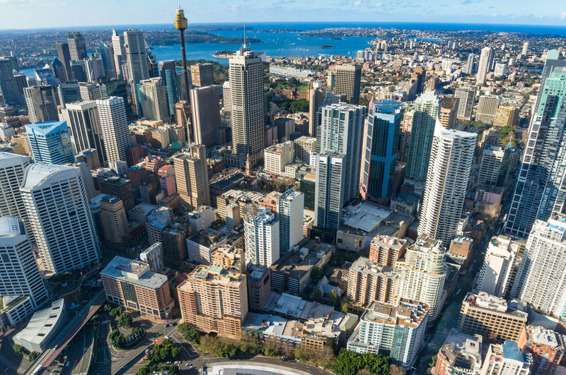 Aerial view of sydney cbd with sydney tower and financial district skyscrapers