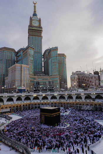 A lot of muslim worshipers doing the tawaf around the kaabah in mecca