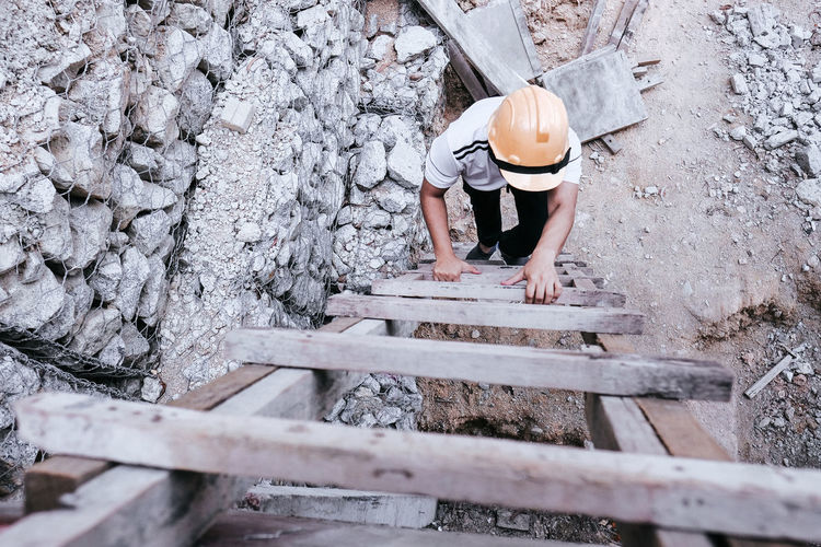 High angle view of man working at construction site