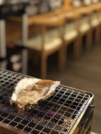 Close-up of oyster on japanese barbecue grill