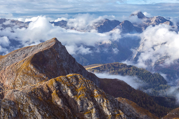 Scenic view of mountain range against cloudy sky