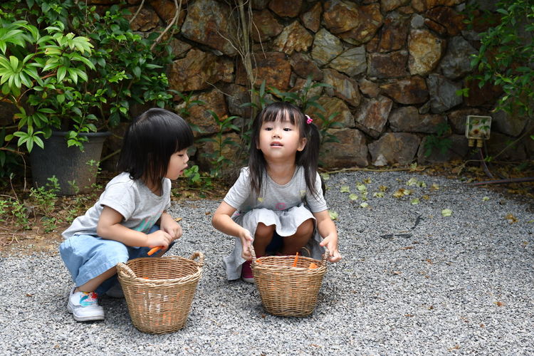 Cute girls crouching by baskets on land 