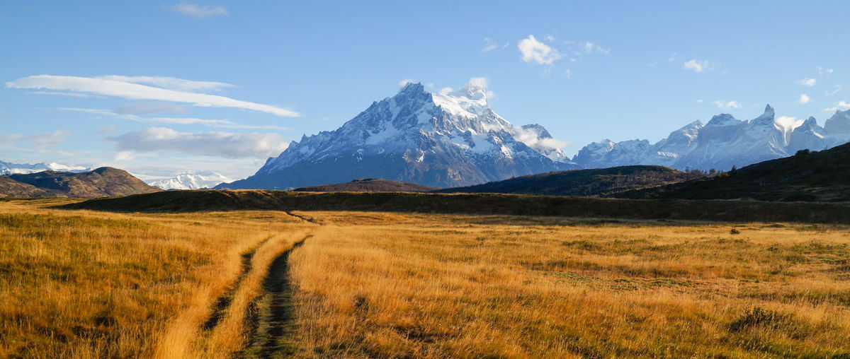 Scenic view of landscape and mountains against sky