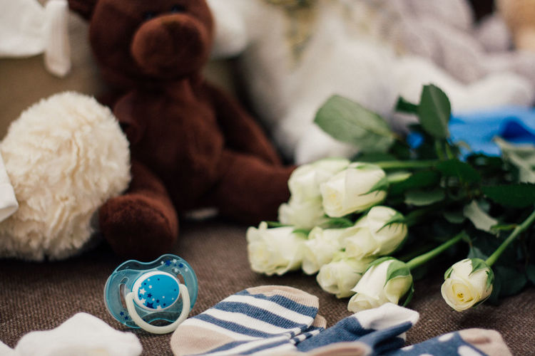 Close-up of pacifier with white roses and teddy bear on bed