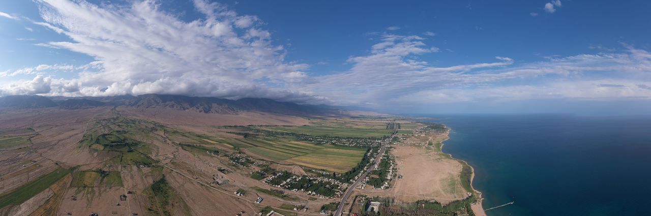 Aerial view of sea and land against sky