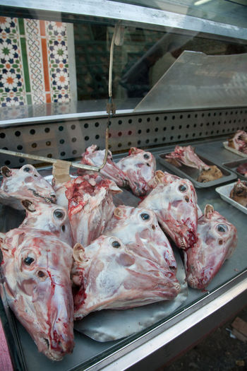 High angle view of goat meat for sale