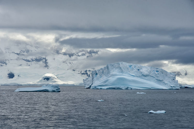 Scenic view of sea and snowcapped mountains against sky
