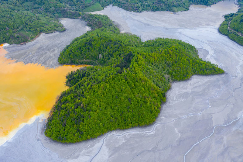 Aerial view of water pollution of a copper mine exploitation. chemical residuals geamana, romania