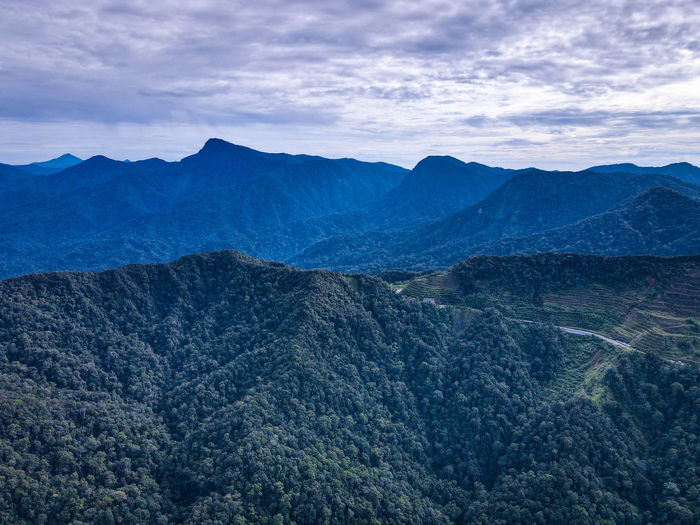 Scenic view of mountains against cloudy sky