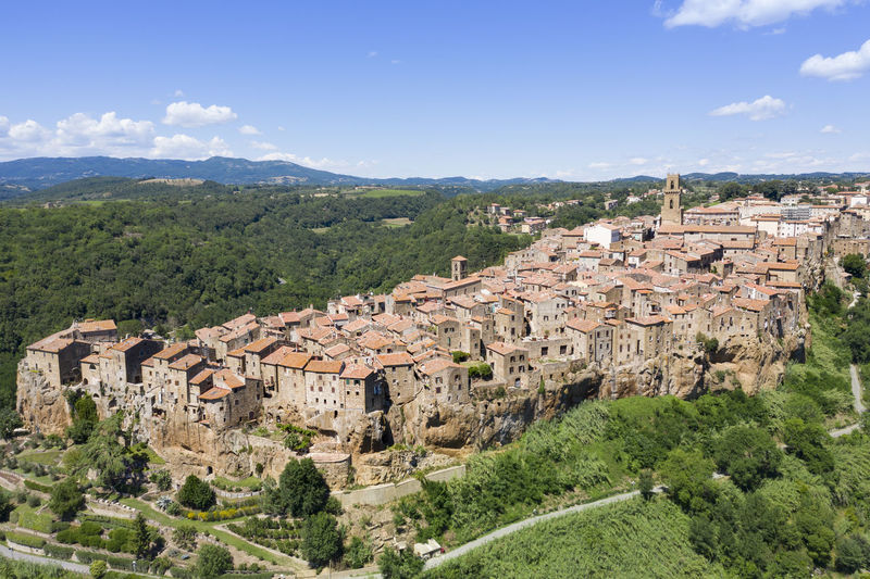 Aerial view of the medieval town of pitigliano in the province of grosseto on the hills 