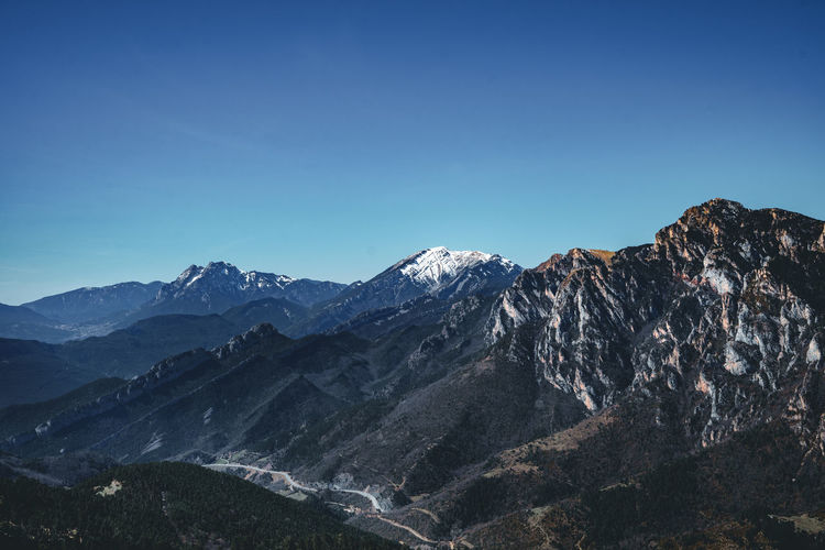 Scenic view of snowcapped mountains against clear blue sky