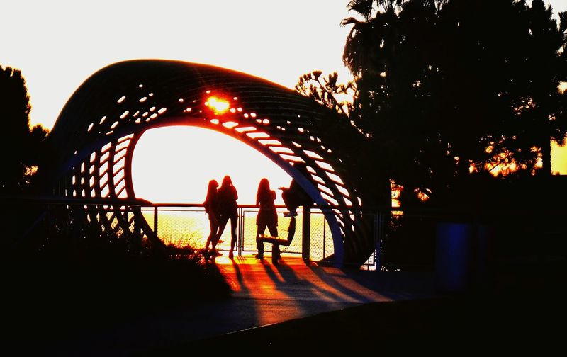 Silhouette people walking on bridge at night