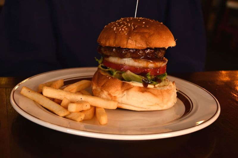 Close-up of burger in plate on table