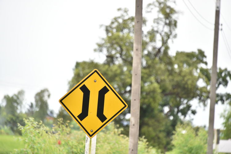 Close-up of road sign against trees