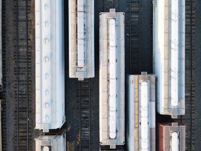 Drone life. over head shot of trains.