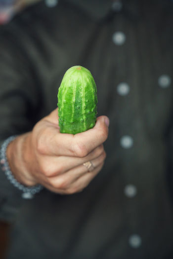 Midsection of man holding cucumber