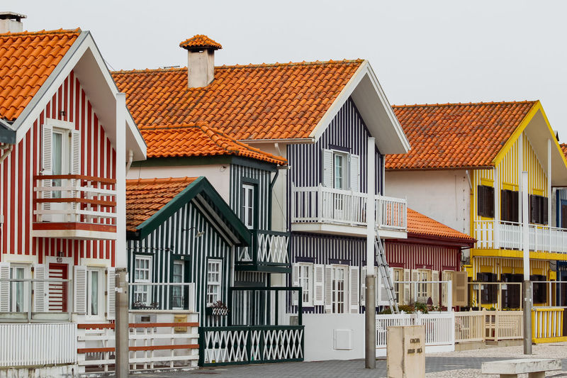 Typical colourful houses in costa nova - aveiro against sky