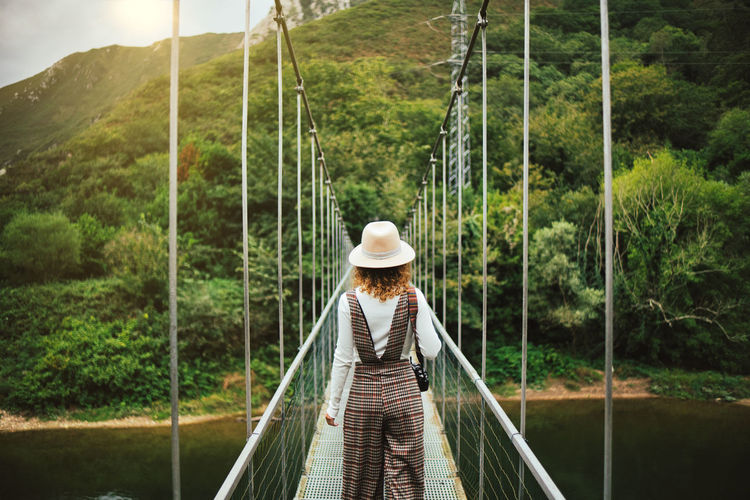 Rear view of person on footbridge in forest