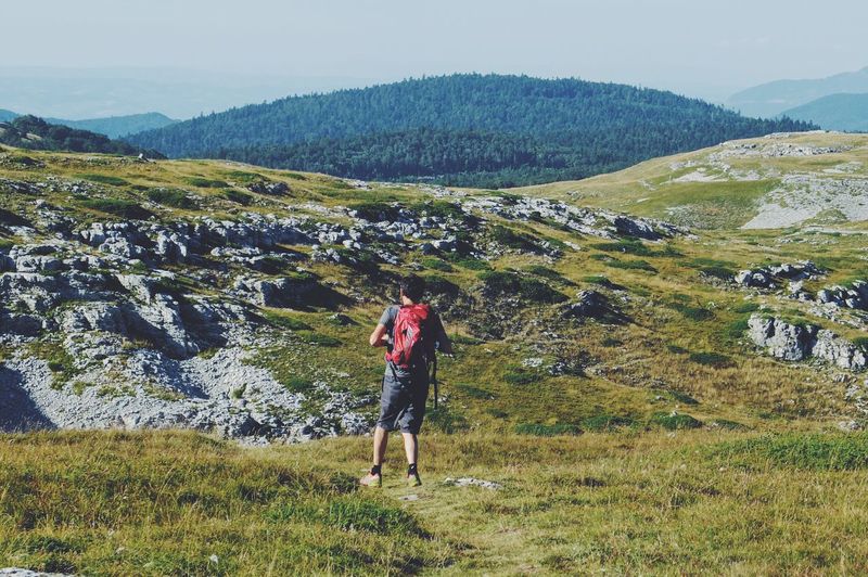 Rear view of hiker standing on mountain against sky