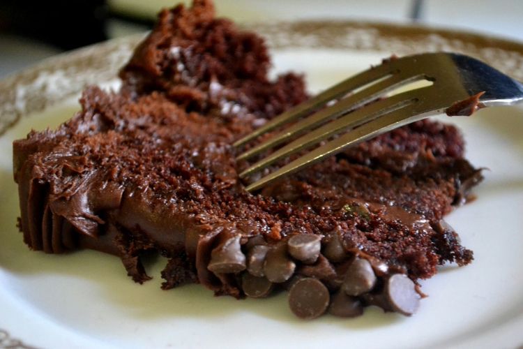 Close-up of chocolate cake slice served in plate