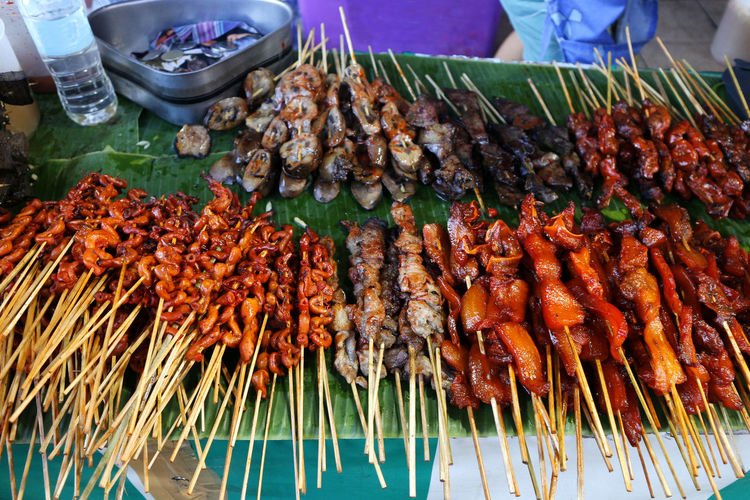 Photo of assorted chicken and pork innards sold at a street food stall