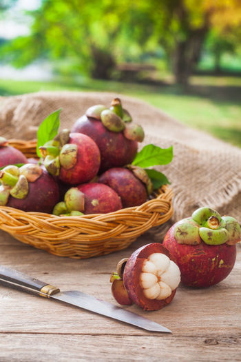 Close-up of mangosteens in basket on table