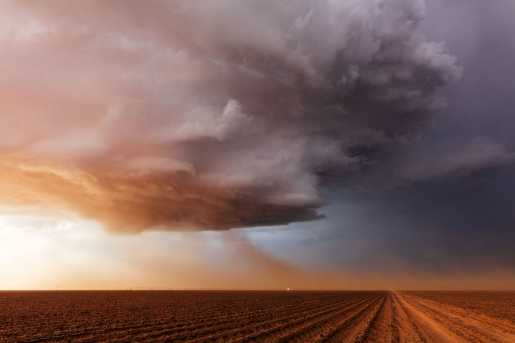 Blowing dust feeds into a dramatic supercell thunderstorm at sunset near levelland, texas.