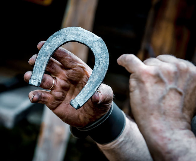 Cropped hands of man holding horseshoe
