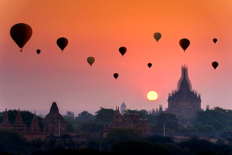 Sunrise many hot air balloon in bagan, myanmar.
