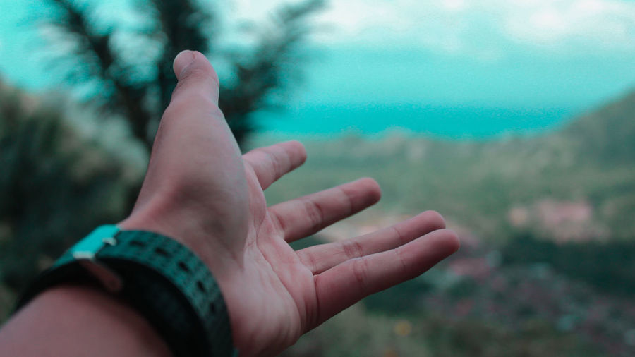 Cropped hand gesturing against landscape