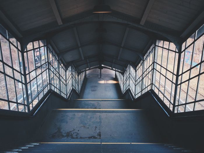 High angle view of empty staircase at railroad station