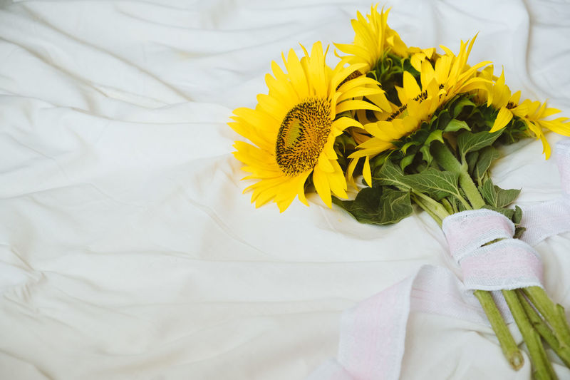 Candid authentic yellow sunflowers bouquet on fabric white background. background with bouquet 