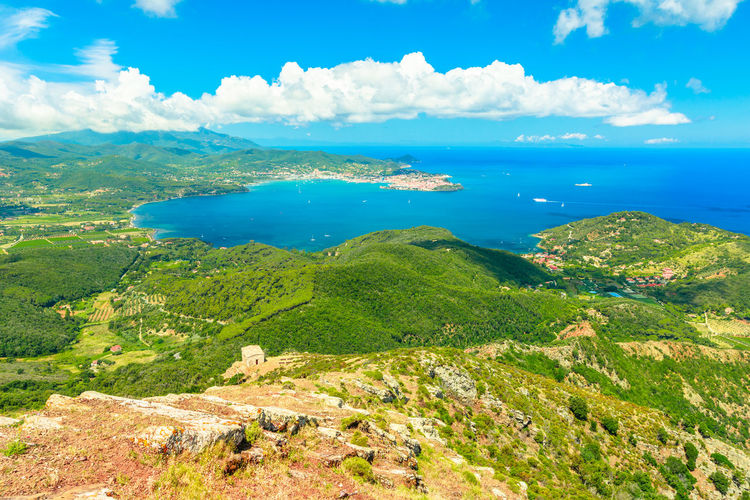 Scenic view of sea and mountains against sky
