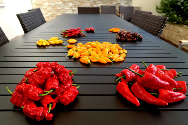 Close-up of chilies on table