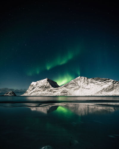 Scenic view of snowcapped mountains against sky at night