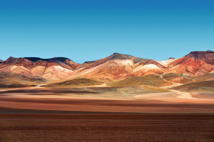 Scenic view of desert against clear blue sky