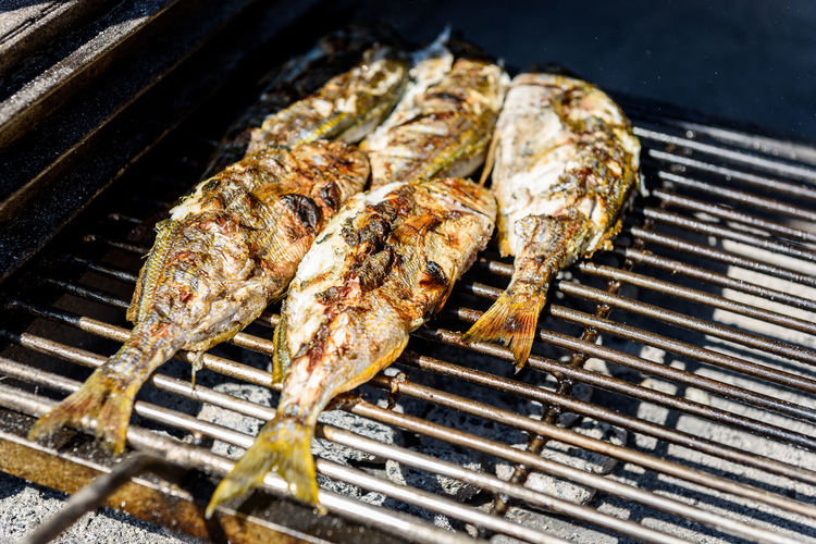 High angle view of meat on barbecue grill
