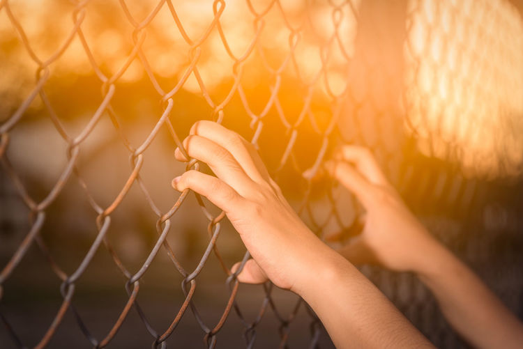 Close-up of woman hand by chainlink fence