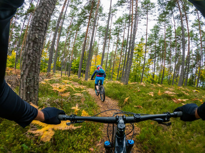 Gopro first person view following a woman mountain biking on footpath in forest.