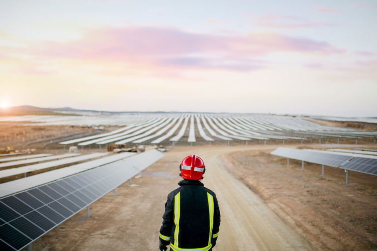 Back view of anonymous person wearing red helmet and protective clothes while standing in field with solar energy panels on sunny day