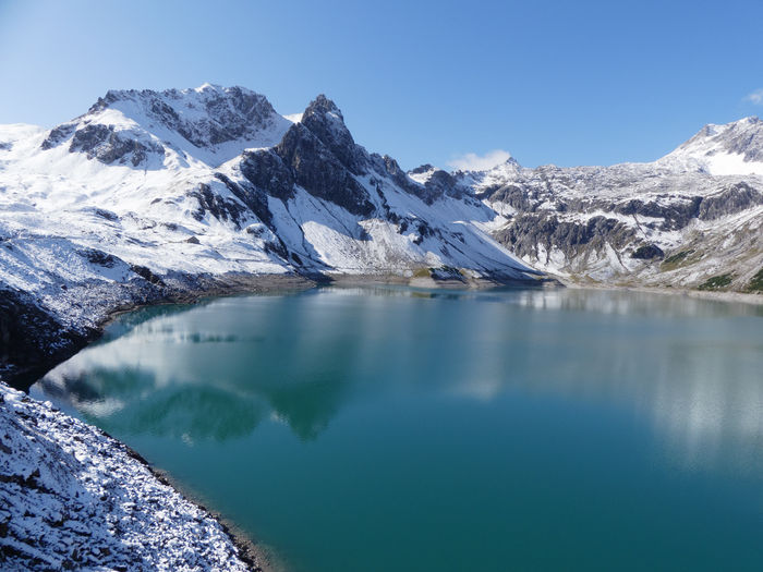 Scenic view of lake and snowcapped mountains against sky