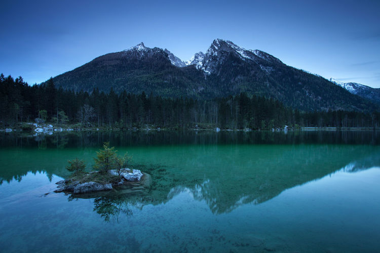 Scenic view of lake by trees against sky