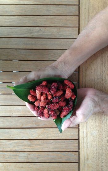 Cropped image of hands holding mulberries in leaves over table