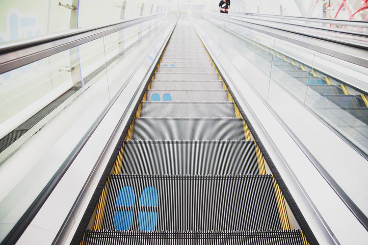 Footprints printed on the escalator for social distancing