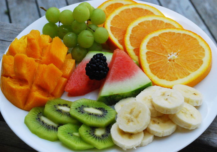 High angle view of various fruit on plate
