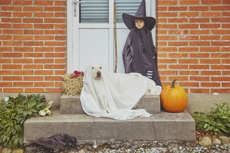Adorable sad child with dog on porch dressed in halloween costumes.