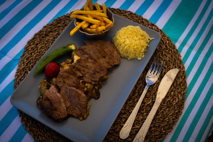 High angle view of breakfast served on table