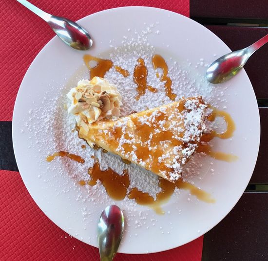 Close-up of dessert served on table