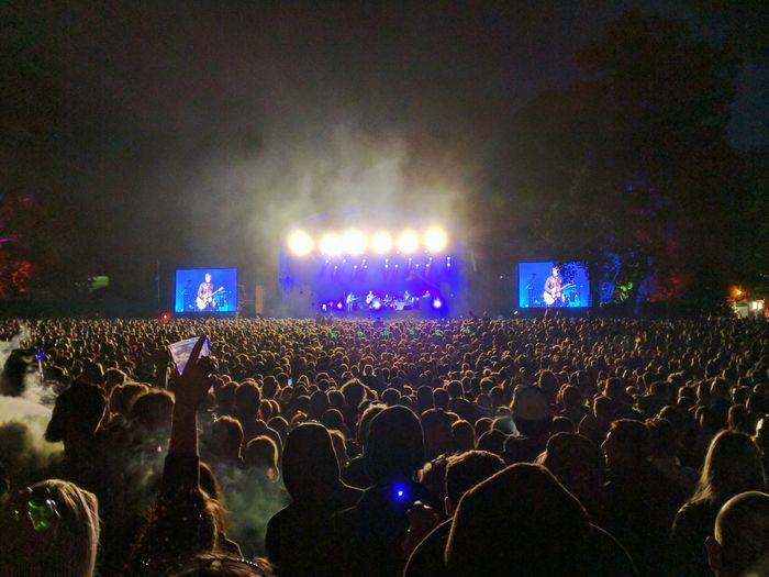 Rear view of people enjoying music concert at night