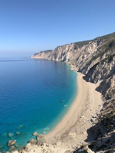 Scenic view of sea against clear blue sky